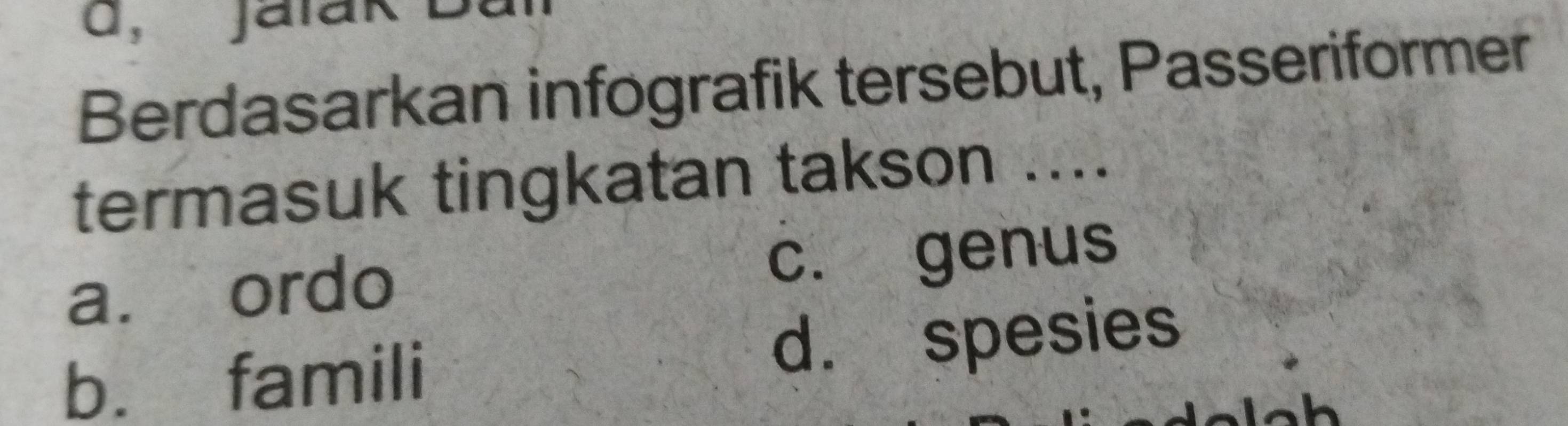 d, Jalak
Berdasarkan infografik tersebut, Passeriformer
termasuk tingkatan takson ....
a. ordo c. genus
b. famili d. spesies