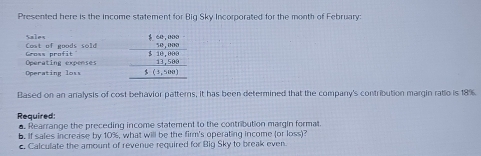 Presented here is the income statement for Big Sky Incorporated for the month of February: 
Cost of goods sold Sales 
Operating expenses Gross profit 
Operating loss beginarrayr 2=beginarrayr 10,000 56,000 hline 53,000 hline 1.5000 hline 5(1,500)endarray
Based on an analysis of cost behavior patterns, it has been determined that the company's contribution margin ratio is 18%. 
Required: 
a. Rearrange the preceding income statement to the contribution margin format. 
b. If sales increase by 10%, what will be the firm's operating income (or loss)? 
c. Calculate the amount of revenue required for Big Sky to break even.