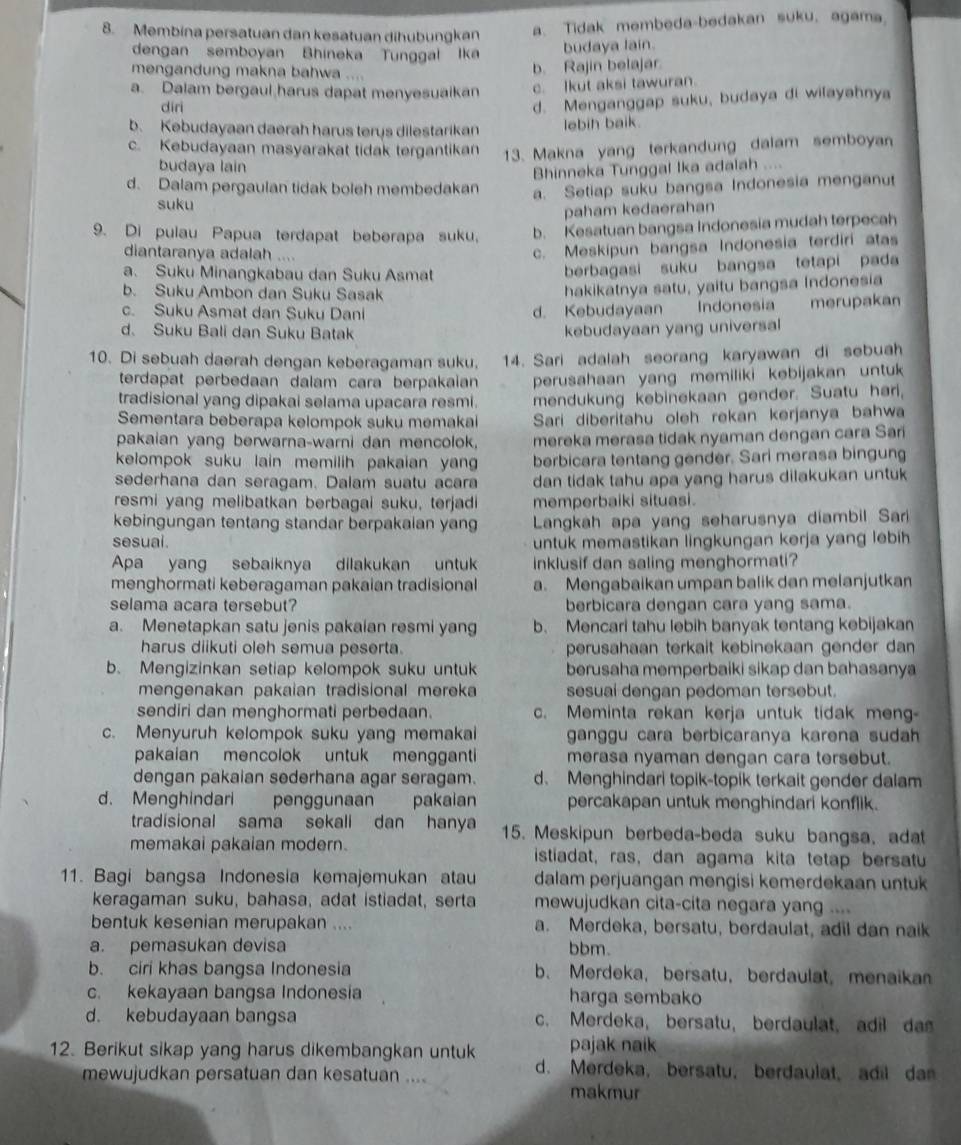 Membina persatuan dan kesatuan dihubungkan a. Tidak membeda-bedakan suku, agama
dengan semboyan Bhineka Tunggal Ika budaya lain.
mengandung makna bahwa ....
b. Rajin belajar
a. Dalam bergaul harus dapat menyesuaikan c. Ikut aksi tawuran.
diri
d. Menganggap suku, budaya di wilayahnya
b. Kebudayaan daerah harus terys dilestarikan lebih baik.
c. Kebudayaan masyarakat tidak tergantikan 13. Makna yang terkandung dalam semboyan
budaya lain
Bhinneka Tunggal Ika adalah ....
d. Dalam pergaulan tidak boleh membedakan
a. Setiap suku bangsa Indonesia menganut
suku
paham kedaerahan
9. Di pulau Papua terdapat beberapa suku, b. Kesatuan bangsa Indonesia mudah terpecah
diantaranya adalah ...
c. Meskipun bangsa Indonesia terdiri atas
a. Suku Minangkabau dan Suku Asmat berbagasi suku bangsa tetapi pada
b. Suku Ambon dan Suku Sasak
hakikatnya satu, yaitu bangsa Indonesia
c. Suku Asmat dan Suku Dani d. Kebudayaan Indonesia merupakan
d. Suku Bali dan Suku Batak kebudayaan yang universal
10. Di sebuah daerah dengan keberagaman suku. 14. Sari adalah seorang karyawan di sebuah
terdapat perbedaan dalam cara berpakaian perusahaan yang memiliki kebijakan untuk 
tradisional yang dipakai selama upacara resmi. mendukung kebinekaan gender. Suatu hari,
Sementara beberapa kelompok suku memakai Sari diberitahu oleh rekan kerjanya bahwa
pakaian yang berwarna-warni dan mencolok, mereka merasa tidak nyaman dengan cara Sari
kelompok suku lain memilih pakaian yan berbicara tentang gender. Sari merasa bingung
sederhana dan seragam. Dalam suatu acara dan tidak tahu apa yang harus dilakukan untuk
resmi yang melibatkan berbagai suku, terjadi memperbaiki situasi.
kebingungan tentang standar berpakaian yang Langkah apa yang seharusnya diambil Sar
sesual untuk memastikan lingkungan kerja yang lebih
Apa yang sebaiknya dilakukan untu inklusif dan saling menghormati?
menghormati keberagaman pakaian tradisional a. Mengabaikan umpan balik dan melanjutkan
selama acara tersebut? berbicara dengan cara yang sama.
a. Menetapkan satu jenis pakaian resmi yang b. Mencari tahu lebih banyak tentang kebijakan
harus diikuti oleh semua peserta. perusahaan terkait kebinekaan gender da
b. Mengizinkan setiap kelompok suku untuk berusaha memperbaiki sikap dan bahasanya
mengenakan pakaian tradisional mereka sesuai dengan pedoman tersebut.
sendiri dan menghormati perbedaan. c. Meminta rekan kerja untuk tidak meng-
c. Menyuruh kelompok suku yang memakai ganggu cara berbicaranya karena sudah 
pakaian mencolok untuk mengganti merasa nyaman dengan cara tersebut.
dengan pakaian sederhana agar seragam. d. Menghindari topik-topik terkait gender dalam
d. Menghindari penggunaan pakaian percakapan untuk menghindari konflik.
tradisional sama sekali dan hanya 15. Meskipun berbeda-beda suku bangsa, adat
memakai pakaian modern. istiadat, ras, dan agama kita tetap bersatu
11. Bagi bangsa Indonesia kemajemukan atau dalam perjuangan mengisi kemerdekaan untuk
keragaman suku, bahasa, adat istiadat, serta mewujudkan cita-cita negara yang ....
bentuk kesenian merupakan .... a. Merdeka, bersatu, berdaulat, adil dan naik
a. pemasukan devisa bbm.
b. ciri khas bangsa Indonesia b、 Merdeka, bersatu， berdaulat, menaika
c. kekayaan bangsa Indonesia harga sembako
d. kebudayaan bangsa c. Merdeka, bersatu, berdaulat, adil da
12. Berikut sikap yang harus dikembangkan untuk pajak naik
mewujudkan persatuan dan kesatuan ....
d. Merdeka, bersatu, berdaulat, adil dan
makmur