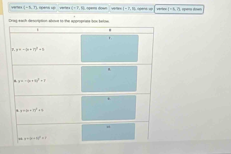 vertex (-5,7) , opens up vertex (-7,5) , opens down vertex (-7,5) , opens up vertex (-5,7) , opens down
Drag each description above to the a