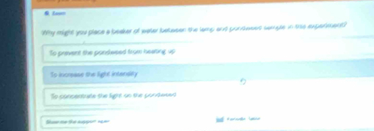 Zoum
Why might you place a beaker of water betwsen the lamp ond pondwees somple in ths expenment?
To prevent the pondwsed from heating up
So incrase the light intensity
To ponpenturte the fight ao the pondaced
Stam me the auppon ==