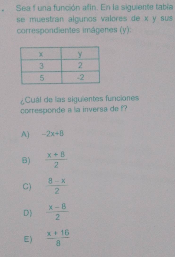 Sea f una función afín. En la siguiente tabla
se muestran algunos valores de x y sus
correspondientes imágenes (y):
¿Cuál de las siguientes funciones
corresponde a la inversa de f?
A) -2x+8
B)  (x+8)/2 
C  (8-x)/2 
D)  (x-8)/2 
E)  (x+16)/8 