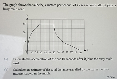 The graph shows the velocity, v metres per second, of a car t seconds after it joins a 
busy main road. 
(a) Calculate the acceleration of the car 10 seconds after it joins the busy main 
road. 
(b) Calculate an estimate of the total distance travelled by the car in the two
minutes shown in the graph. 
(LON)