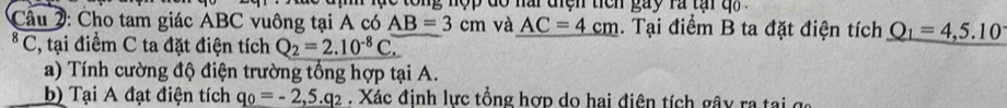 to n g nộp do nai tiện ticn gay ra tạ q 
Câu 2: Cho tam giác ABC vuông tại A có AB=3cm và AC=4cm. Tại điểm B ta đặt điện tích _ Q_1=4,5.10
* C, tại điểm C ta đặt điện tích Q_2=2.10^(-8)C. 
a) Tính cường độ điện trường tổng hợp tại A. 
b) Tại A đạt điện tích q_0=-2,5.q_2. Xác đinh lực tổng hợp do hai điên tích gây ra tại g