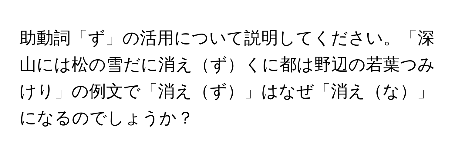 助動詞「ず」の活用について説明してください。「深山には松の雪だに消えずくに都は野辺の若葉つみけり」の例文で「消えず」はなぜ「消えな」になるのでしょうか？