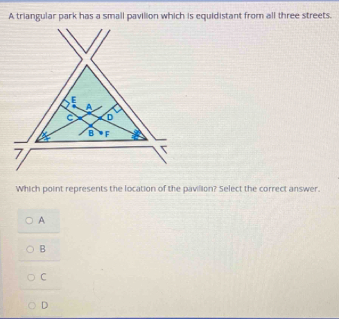 Which point represents the location of the pavilion? Select the correct answer.
A
B
C
D