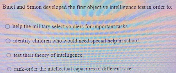 Solved: Binet and Simon developed the first objective intelligence test ...