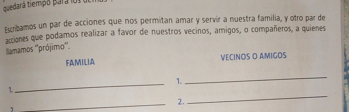 quedará tiempó pará los uei 
Escribamos un par de acciones que nos permitan amar y servir a nuestra familia, y otro par de 
acciones que podamos realizar a favor de nuestros vecinos, amigos, o compañeros, a quienes 
Ilamamos ''prójimo''. 
FAMILIA VECINOS O AMIGOS 
_ 
1. 
_ 
1. 
_ 
2. 
_ 
1