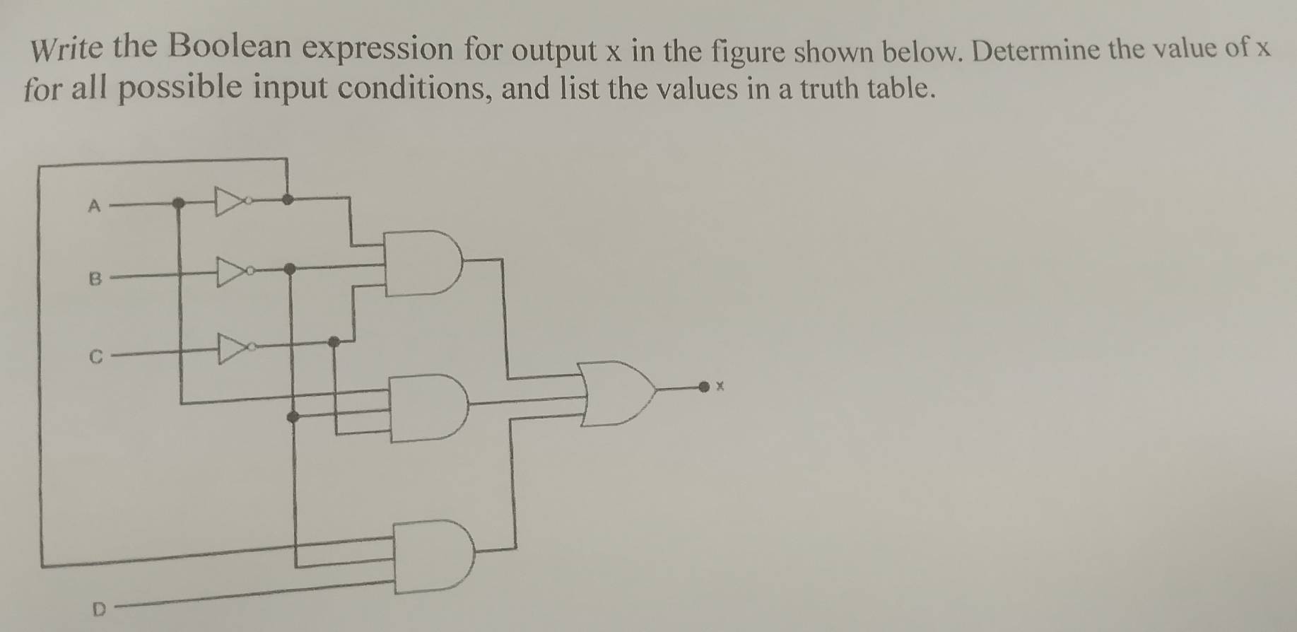 Write the Boolean expression for output x in the figure shown below. Determine the value of x
for all possible input conditions, and list the values in a truth table.
D