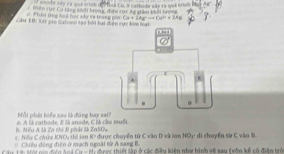 anode xây ra qua trình đá Moa Cu, ở cathode xây ra quá trình Puy Ag"
Diện cực Cu tăng khối lượng, điện cực Ág giám khối lượng
d. Phân ứng hoá học xây ra trong pin: Cu+2Ag^+to Cu^(3+)+2Ag
Cầu 18: Xết pin Galvani tạo bởi hai điện cực kim loại:
Mỗi phát biểu sau là đúng bay sai
a. A là cathode, E là anode, C là cầu muối.
b. Nếu A là Zn thì B phải là ZnSO₄
C. Nếu C chứa KNO_3 thì ian K° được chuyển từ C vào D và ion NO₃ di chuyển từ C vào B.
Chiều đòng điện ở mạch ngoài từ A sang B.
Câu 19: Một gin điễn hoá Cu-H_2 được thiết lập ở các điều kiện như hình vẽ sau (vôn kế có điện trở