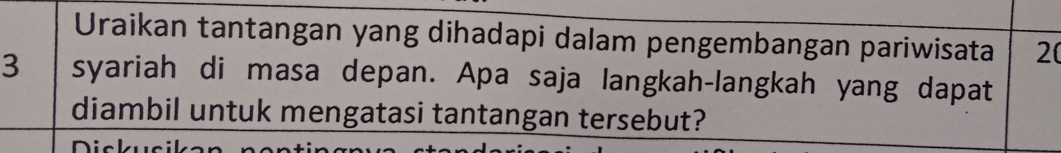 Uraikan tantangan yang dihadapi dalam pengembangan pariwisata 20
3 syariah di masa depan. Apa saja langkah-langkah yang dapat 
diambil untuk mengatasi tantangan tersebut?