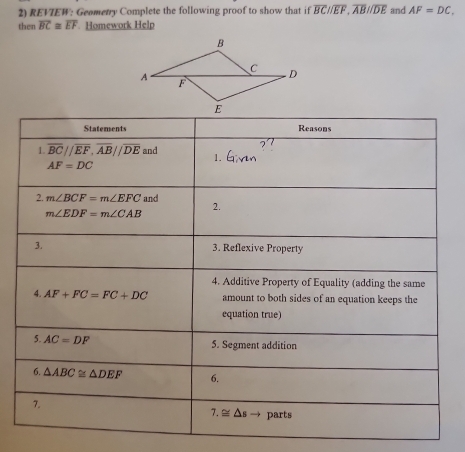 REFIEW : Geametry Complete the following proof to show that if overline BCparallel overline EF,overline ABparallel overline DE and AF=DC,
then overline BC≌ overline EF Homework Help