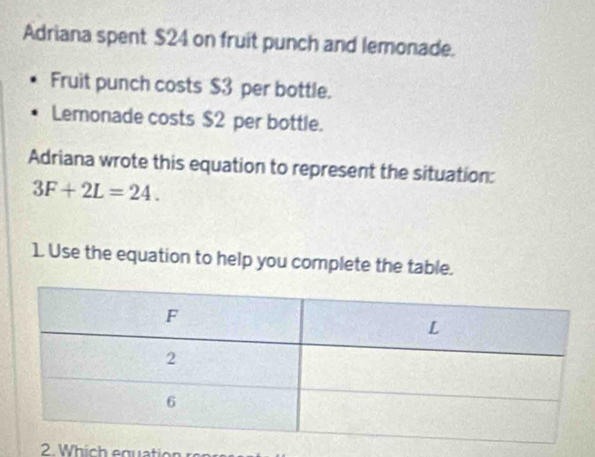 Adriana spent $24 on fruit punch and lemonade. 
Fruit punch costs $3 per bottle. 
Lemonade costs $2 per bottle. 
Adriana wrote this equation to represent the situation:
3F+2L=24. 
1. Use the equation to help you complete the table. 
2. Which equation