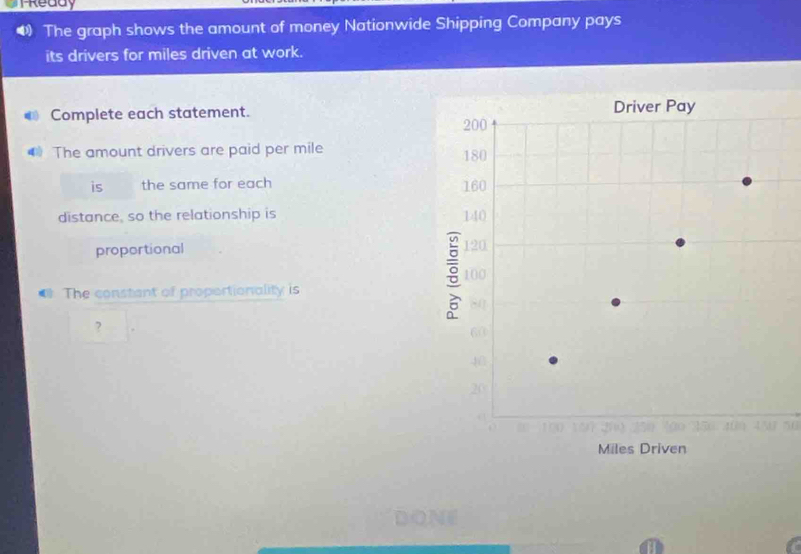 TReddy 
• The graph shows the amount of money Nationwide Shipping Company pays 
its drivers for miles driven at work. 
Complete each statement. 
● The amount drivers are paid per mile
is the same for each 
distance, so the relationship is 
proportional 
* The constant of proportionality is 
?
450 56