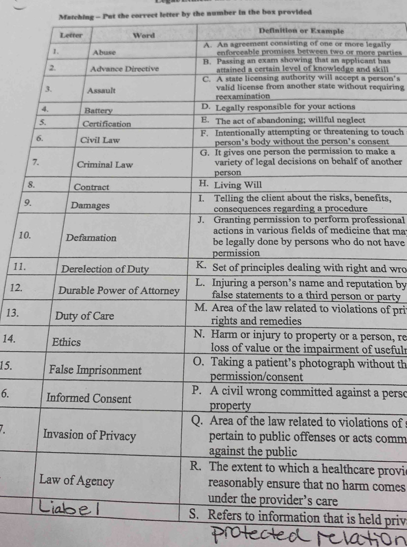 Matching - Put the correct letter by the number in the box provided 
ally 
parties 
has 
ill 
son’s 
uiring 
touch 
ent 
ke a 
other 
its, 
9 
sional 
at ma 
10t have 
11.d wro 
ion by 
12.party 
of prit 
13. 
on, re 
14.sefulr 
out th 
15. 
perso 
6. 
ns of 
comm 
provi 
omes 
held priv