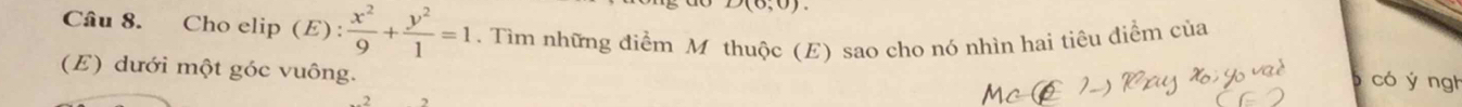 D(0,0). 
Câu 8. Cho elip (E):  x^2/9 + y^2/1 =1. Tìm những điểm M thuộc (E) sao cho nó nhìn hai tiêu điểm của 
(E) dưới một góc vuông. 
có ý ngh