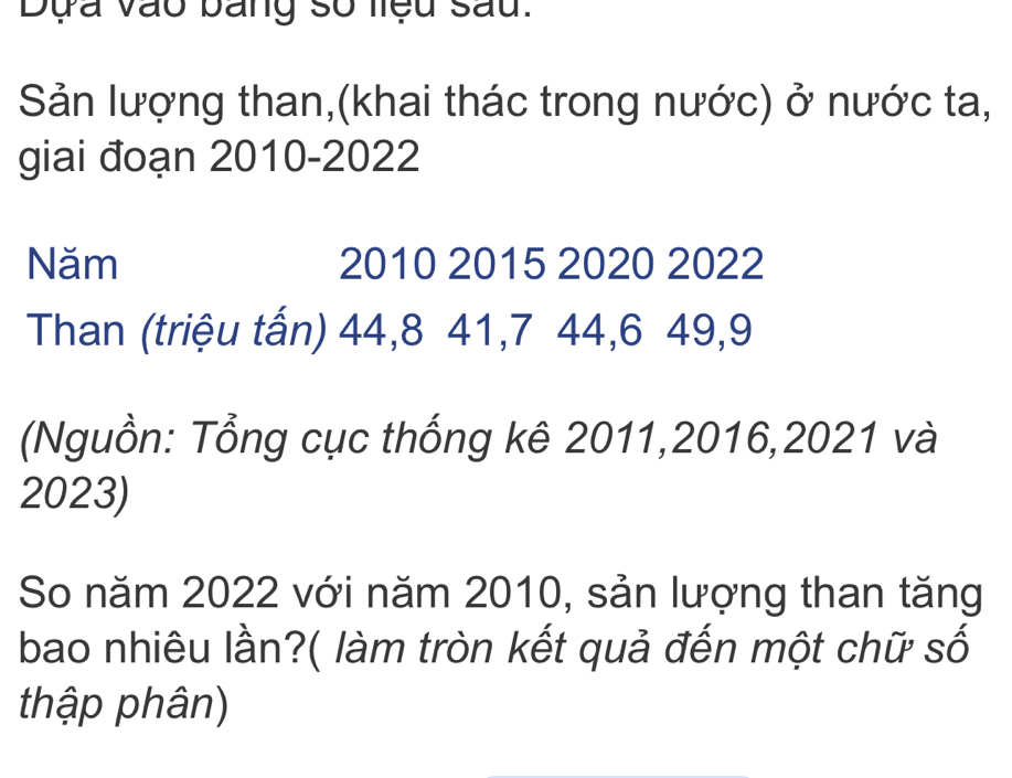 Dựa vào bang số liệu sau. 
Sản lượng than,(khai thác trong nước) ở nước ta, 
giai đoạn 2010-2022 
Năm 2010 2015 2020 2022
Than (triệu tấn) 44, 8 41, 7 44, 6 49, 9
(Nguồn: Tổng cục thống kê 2011, 2016, 2021 và
2023) 
So năm 2022 với năm 2010, sản lượng than tăng 
bao nhiêu lần?( làm tròn kết quả đến một chữ số 
thập phân)