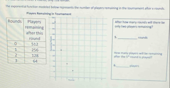 The exponential function modeled below represents the number of players remaining in the tournament after x rounds. 
Players Remaining in Tournament 
After how many rounds will there be 
only two players remaining? 
5. 
rounds 
How many players will be remaining 
after the 5° round is played? 
6._ players