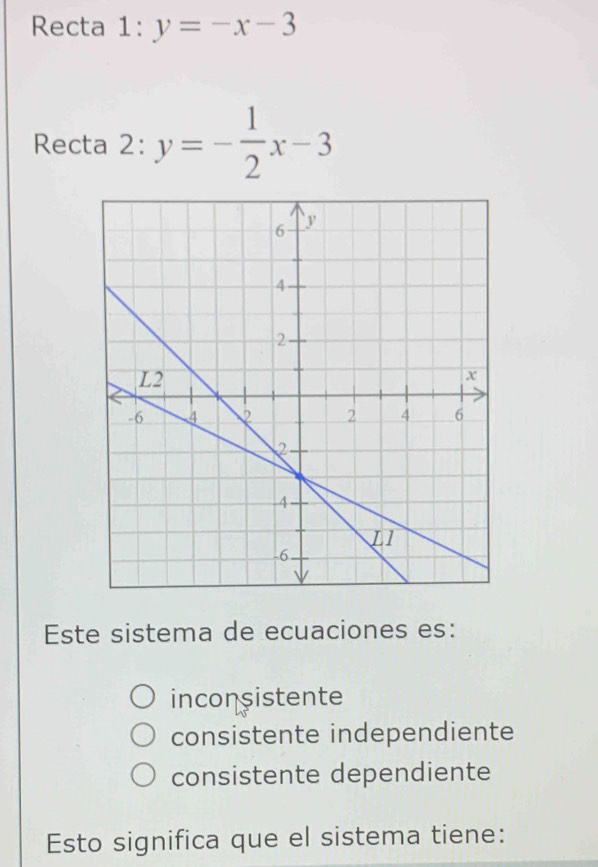 Recta 1:y=-x-3
Recta 2: y=- 1/2 x-3
Este sistema de ecuaciones es:
inconsistente
consistente independiente
consistente dependiente
Esto significa que el sistema tiene: