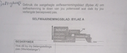 Gebruik die aangehegte selfwaarnemingsblad (Bylae A) om 
selfverkenning te doen van jou potensiaal wat dalk by jou 
verlangde beroepsveld pas. 
SELFWAARNEMINGSBLAD: BYLAE A 
BEROEP 
BESKRYWER 
Hoe dit by my belangstellings 
pas (Werkbelange*)