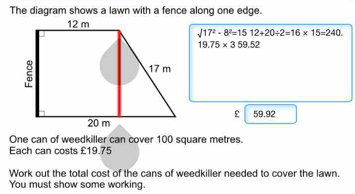 Solved: The diagram shows a lawn with a fence along one edge. sqrt(17^2 ...