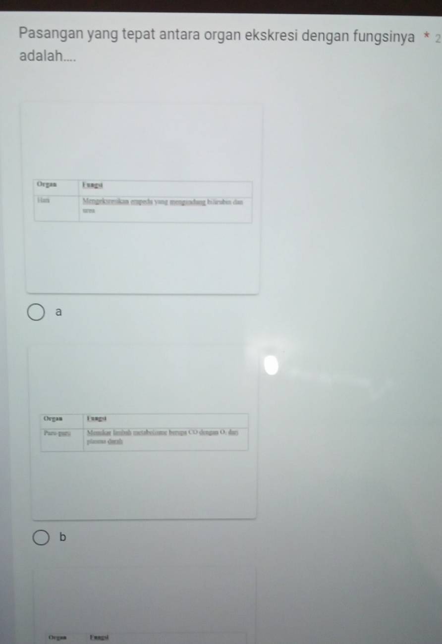 Pasangan yang tepat antara organ ekskresi dengan fungsinya * 2
adalah....
a
b
Ocgan Fungsl