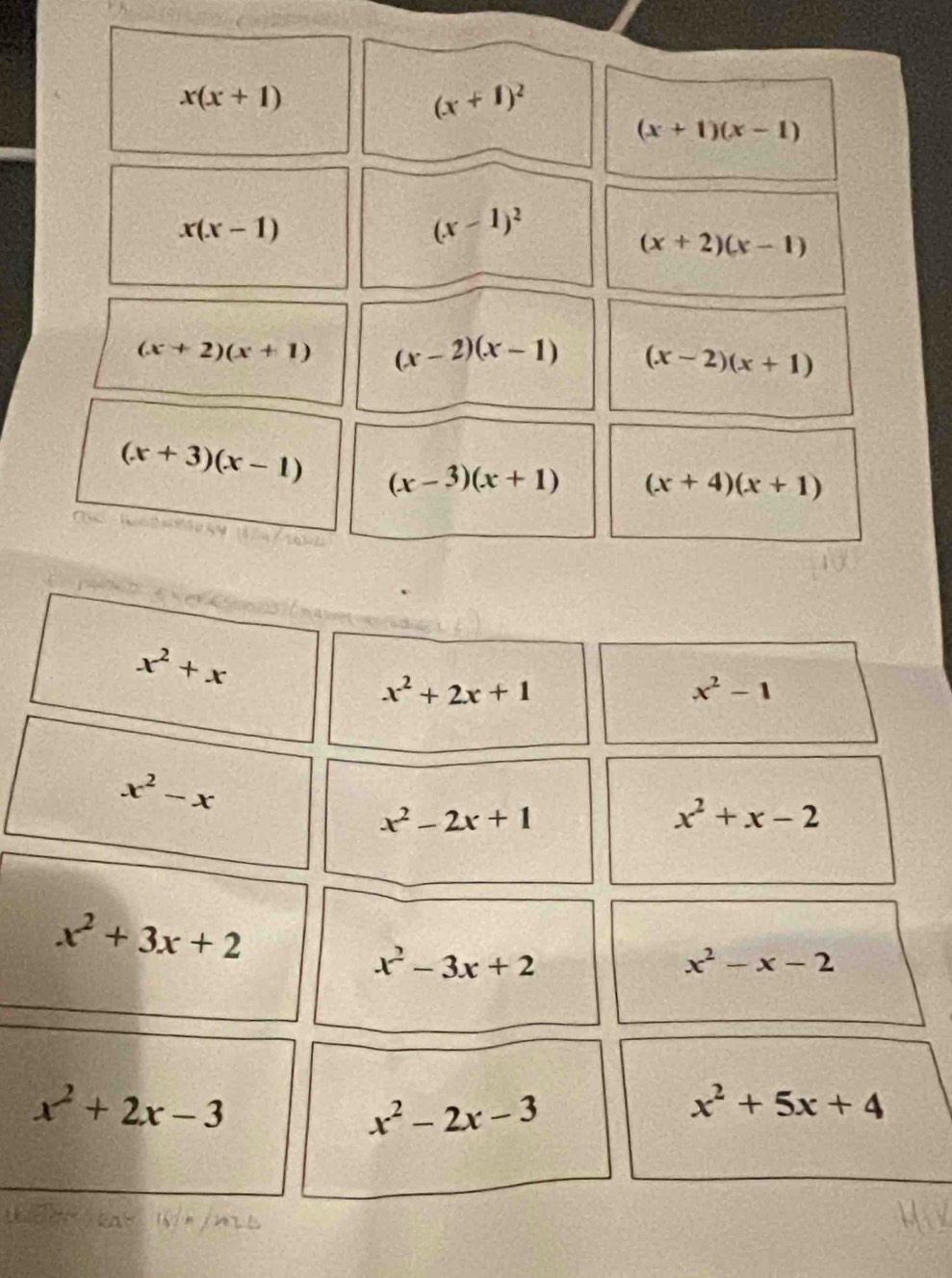 x(x+1)
(x+1)^2
(x+1)(x-1)
x(x-1)
(x-1)^2
(x+2)(x-1)
(x+2)(x+1) (x-2)(x-1) (x-2)(x+1)
(x+3)(x-1) (x-3)(x+1) (x+4)(x+1)
x^2+x
x^2+2x+1
x^2-1
x^2-x
x^2-2x+1
x^2+x-2
x^2+3x+2
x^2-3x+2
x^2-x-2
x^2+2x-3
x^2-2x-3
x^2+5x+4