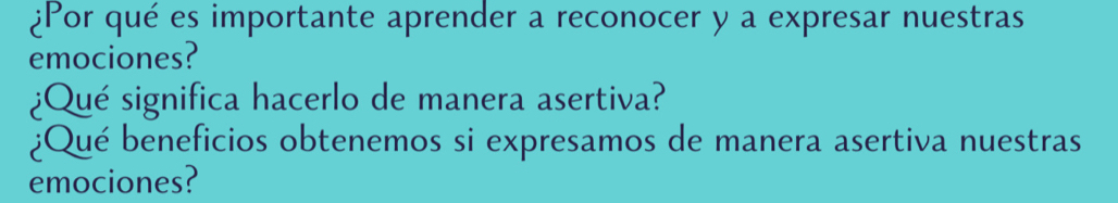 ¿Por qué es importante aprender a reconocer y a expresar nuestras 
emociones? 
¿Qué significa hacerlo de manera asertiva? 
¿Qué beneficios obtenemos si expresamos de manera asertiva nuestras 
emociones?