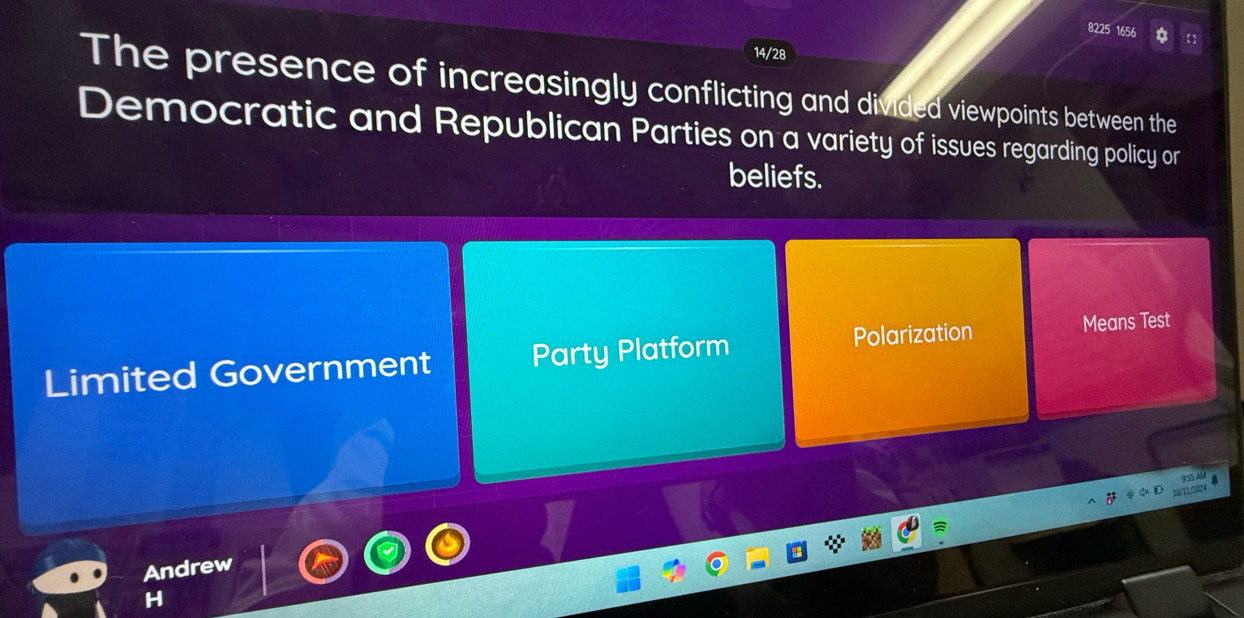 8225 1656 【
14/28
The presence of increasingly conflicting and divided viewpoints between the
Democratic and Republican Parties on a variety of issues regarding policy or
beliefs.
Polarization Means Test
Limited Government Party Platform
24
Andrew
H