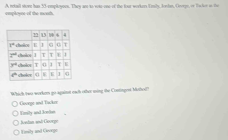 A retail store has 55 employees. They are to vote one of the four workers Emily, Jordan, George, or Tucker as the
employee of the month.
Which two workers go against each other using the Contingent Method?
George and Tucker
Emity and Jordan
Jordan and George
Emily and George