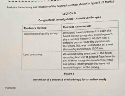 Evaluate the accuracy and reliability of the fieldwork methods shown in figure 3. (8 Marks) 
SECTION B 
ndscapes 
Figure 3 
An extract of a student's methodology for an urban study 
Planning: