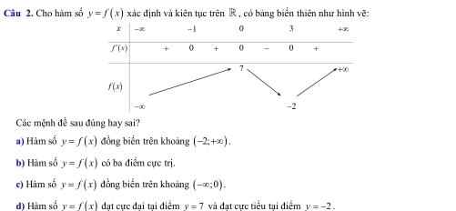 Cho hàm số y=f(x) xác định và kiên tục trên R , có bảng biến thiên như hình vẽ:
Các mệnh đề sau đúng hay sai?
a) Hảm số y=f(x) đồng biến trên khoảng (-2;+∈fty ).
b) Hàm số y=f(x) có ba điểm cực trị.
e) Hàm số y=f(x) đồng biến trên khoảng (-∈fty ;0).
d) Hàm số v=f(x) đạt cực đai tai điểm v=7 và đạt cực tiểu tai điểm v=-2.