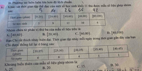 D. Phương sai luôn luôn lớn hơn độ lệch chuẩn.
6: Kháo sát thời gian tập thể dục của một số học sinh khối 11 thu được mẫu số liệu ghép nhóm
sau:
Nhóm chứa tứ phân vị thứ ba của mẫu số liệu trên là:
A. [40;60). B. [20;40). C. [60,80). D. [80,100)
Bạn Chi rất thích nhảy hiện đại. Thời gian tập nhảy mỗi ngày trong thời gian gần đây của bạn
Khoāng biến thiên của mẫu số liệu ghép nhóm là: D. 30.
A. 25. B. 20. C. 15.
vector SR=vector h vector SC=c