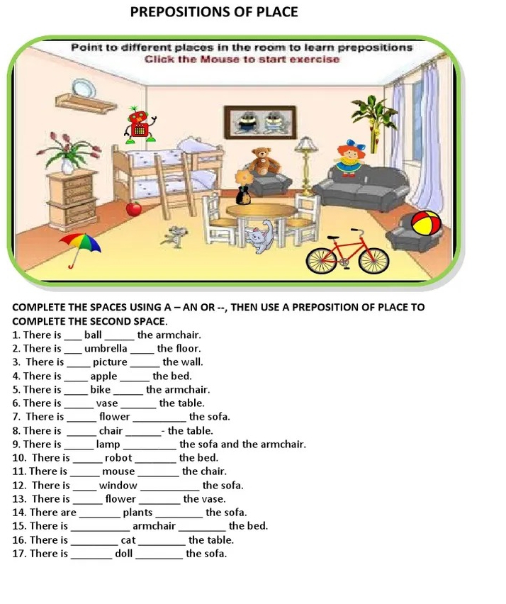 Solved: PREPOSITIONS OF PLACE COMPLETE THE SPACES USING A — AN OR ...