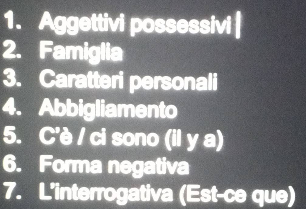 Aggettivi possessivi | 
2. Famiglia 
3. Caratteri personali 
4. Abbigliamento 
5. C'è / ci sono (il y a) 
6. Forma negativa 
7. L'interrogativa (Est-ce que)