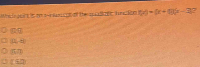 Which gont is anx-intercent of the quadratic function f(x)=(x+6)(x-3) 2
((1,5)
(□ ,-6)
(£.0)
(-6,0)