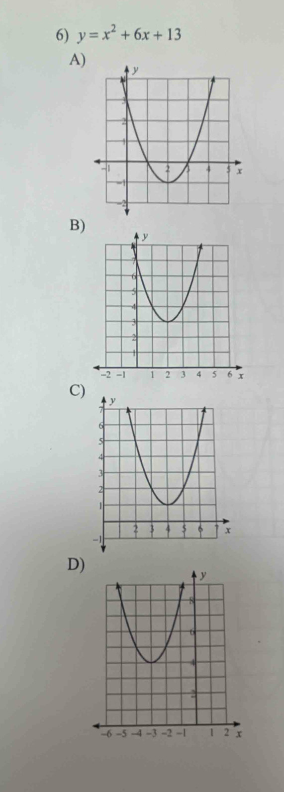 y=x^2+6x+13
A) 
B) 
C) 
D)