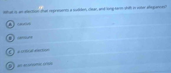 ihat is an election that represents a sudden, clear, and long-term shift in voter allegiances?
Acaucus
Bcencure
) a critical election
D ) an economio crísio