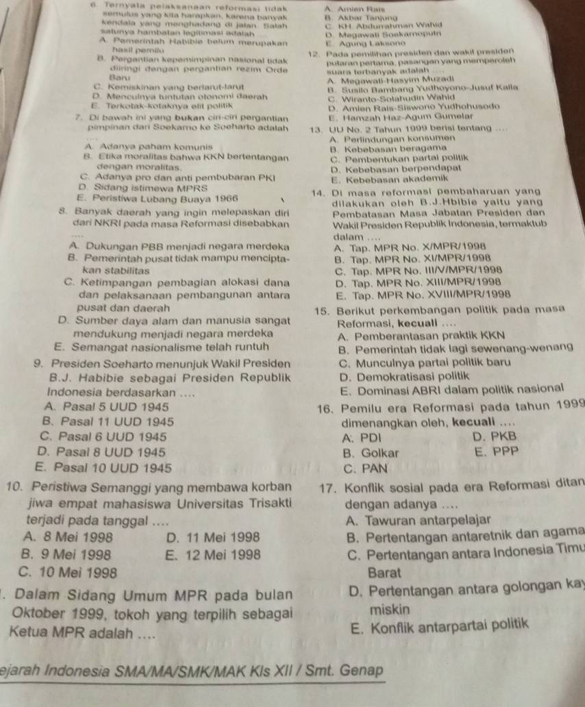 Ternyala pelaksanaan reformasi tidak A. Amien Fais
semulus vang kita harapkan, karena banyak B. Akbar Tanjung
kendala yang menghadang di jalan Salah C. KH. Abdurrahman Wahid
salunya hambatan legilimasi adalah
A. Pemerintah Habible belum merupakan E. Agung Laksono D. Megawati Soekamoputn
hasil pemilu
B. Pergantian kepemimpinan nasional tidak 12. Pada pemilihan presiden dan wakit presiden
diiringi dengan pergantian rezim Orde putaran pertama, pasangan yang memperoleh
Baru suara terbanyak adalah
C. Kemiskinan yang berlarut-larut A. Megawati-Hasyim Muzadi
D. Menculnya tuntutan otonomi daerah B. Susilo Bambang Yudhoyono-Jusuf Kalla
E. Terkotak-kotaknya elit politik C. Wiranto-Solahudin Wahid
7. Di bawah ini yang bukan ciri-ciri pergantian D. Amien Rais-Siswono Yudhohusodo
E. Hamzah Haz-Agum Gumelar
pimpinan dari Soekamo ke Soeharto adalah 13. UU No. 2 Tahun 1999 berisi tentang.
A. Adanya paham komunis A. Perlindungan konsumen
B. Etika moralitas bahwa KKN bertentangan B. Kebebasan beragama
C. Pembentukan partai politik
dengan moralitas D. Kebebasan berpendapat
C. Adanya pro dan anti pembubaran PKI E. Kebebasan akademik
D. Sidang istimewa MPRS
E. Peristiwa Lubang Buaya 1966 14. Di masa reformasi pembaharuan yang
dilakukan oleh B.J.Hbibie yaitu yang
8. Banyak daerah yang ingin melepaskan diri Pembatasán Másá Jabatán Presiden dan
dari NKRI pada masa Reformasi disebabkan  Wakil Presiden Republik Indonesia, termaktub
dalam ....
A. Dukungan PBB menjadi negara merdeka A. Tap. MPR No. X/MPR/1998
B. Pemerintah pusat tidak mampu mencipta- B. Tap. MPR No. XI/MPR/1998
kan stabilitas C. Tap. MPR No. III/V/MPR/1998
C. Ketimpangan pembagian alokasi dana D. Tap. MPR No. XIII/MPR/1998
dan pelaksanaan pembangunan antara E. Tap. MPR No. XVIII/MPR/1998
pusat dan daerah 15. Berikut perkembangan politik pada masa
D. Sumber daya alam dan manusia sangat Reformasi, kecuall ...
mendukung menjadi negara merdeka A. Pemberantasan praktik KKN
E. Semangat nasionalisme telah runtuh B. Pemerintah tidak lagi sewenang-wenang
9. Presiden Soeharto menunjuk Wakil Presiden C. Munculnya partai politik baru
B.J. Habibie sebagai Presiden Republik D. Demokratisasi politik
Indonesia berdasarkan .... E、 Dominasi ABRI dalam politik nasional
A. Pasal 5 UUD 1945 16. Pemilu era Reformasi pada tahun 1999
B. Pasal 11 UUD 1945 dimenangkan oleh, kecuali
C. Pasal 6 UUD 1945 A、PDI D. PKB_ ..、
D. Pasal 8 UUD 1945 B. Golkar E. PPP
E. Pasal 10 UUD 1945 C. PAN
10. Peristiwa Semanggi yang membawa korban 17. Konflik sosial pada era Reformasi ditan
jiwa empat mahasiswa Universitas Trisakti dengan adanya ....
terjadi pada tanggal .... A. Tawuran antarpelajar
A. 8 Mei 1998 D. 11 Mei 1998 B. Pertentangan antaretnik dan agama
B. 9 Mei 1998 E.12 Mei 1998 C. Pertentangan antara Indonesia Timu
C. 10 Mei 1998 Barat
. Dalam Sidang Umum MPR pada bulan D. Pertentangan antara golongan kay
Oktober 1999, tokoh yang terpilih sebagai miskin
Ketua MPR adalah ....
E. Konflik antarpartai politik
ejarah Indonesia SMA/MA/SMK/MAK KIs XII / Smt. Genap