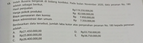 Indah Busana bergerak di bidang konfeksi. Pada bulan November 2020, data pesanan No. 180
adalah sebagai berikut.
Hasil penjualan
Harga pokok produks
Rp119.250.000,00
Rp 82.500.000,00
Biaya pemasaran dan komisi
Rp 7,950.000,00
Biaya administrasi dan umum
Rp 7.350.000,00
Berdasarkan data tersebut, jumiah laba kotor atas penyerahan pesanan No. 180 kepada pemesan
adalah . . . .
A. Rp21.450.000,00
D. Rp33.750,000,00
B. Rp25.800.000,00
E. Rp36.750.000,00
C. Rp26.400.000,00