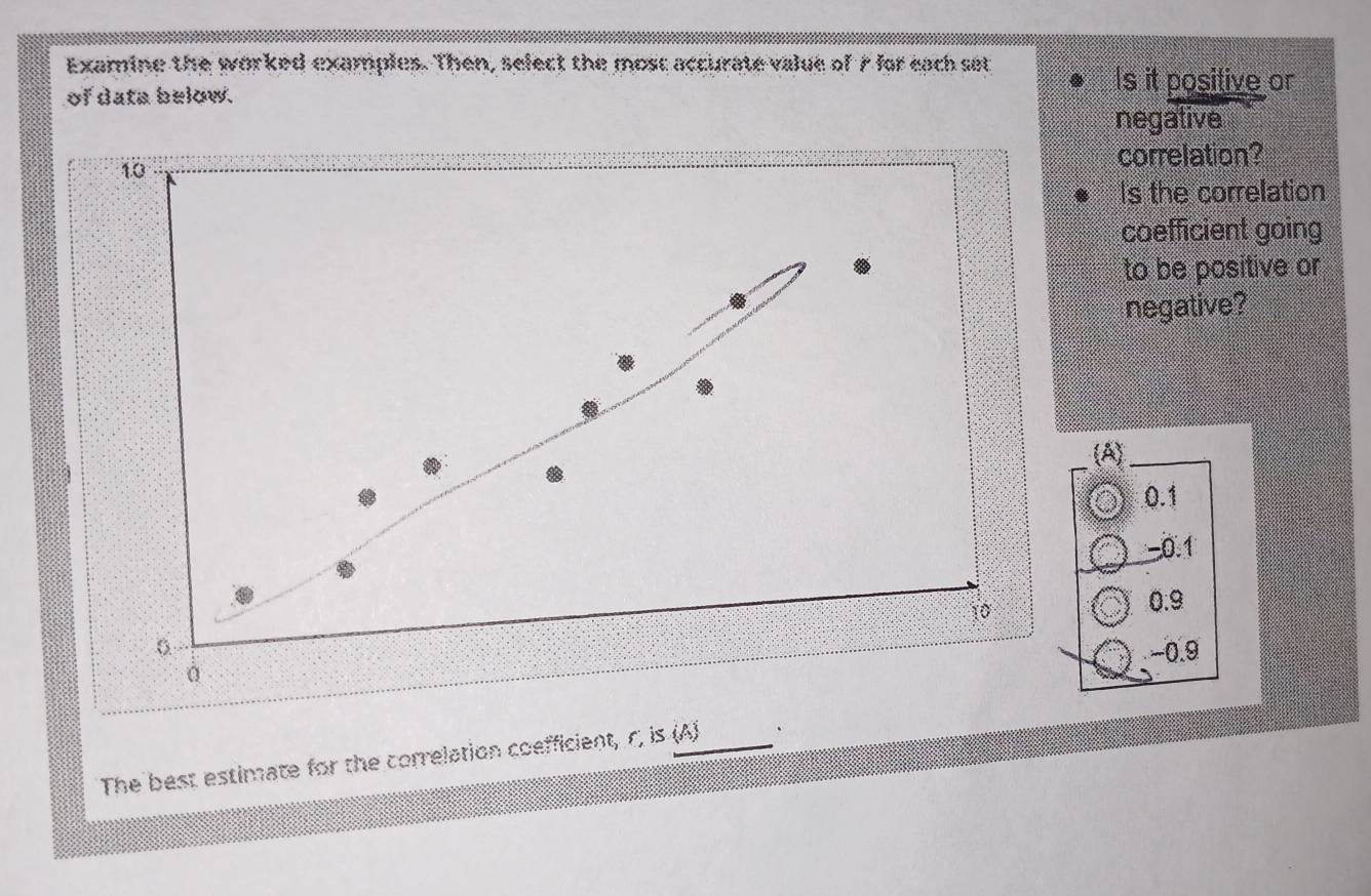 Examine the worked examples. Then, select the mosc accurate value of 7 for each set
of data below.
Is it positive or
negative
10
correlation?
Is the correlation
coefficient going
to be positive or
negative?
(A)
0.1
−0.1
10
0.9
0 −0.9
The best estimate for the correlation coefficient, r, is (A) .