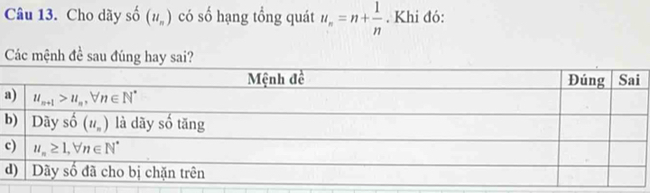 Cho dãy shat 0 (u_n) có số hạng tổng quát u_n=n+ 1/n . Khi đó:
Các mệnh đề sau đúng hay sai?
a
b
c