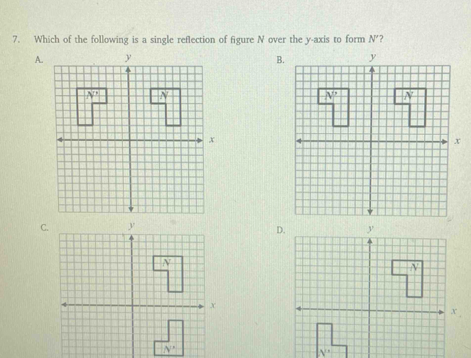 Which of the following is a single reflection of figure N over the y-axis to form N' ?
A.
B.
C.
D
N'