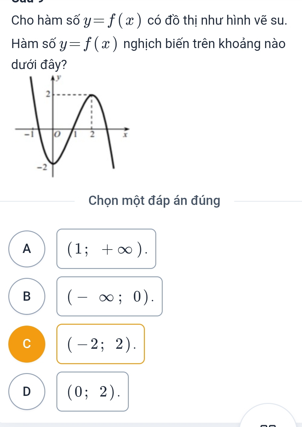 Cho hàm số y=f(x) có đồ thị như hình vẽ su.
Hàm số y=f(x) nghịch biến trên khoảng nào
dưới đây?
Chọn một đáp án đúng
A
(1;+∈fty ).
B
(-∈fty ;0).
C
(-2;2).
D
(0;2).