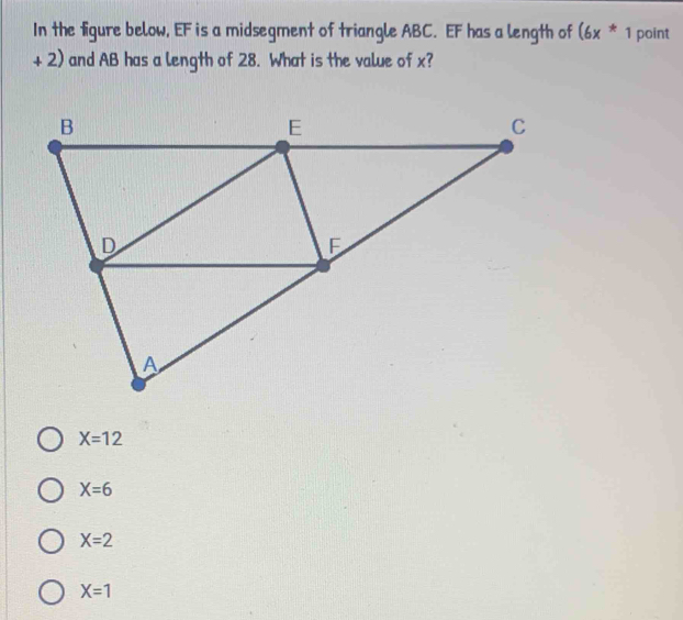 In the figure below, EF is a midsegment of triangle ABC. EF has a length of (6x^*1 point
+ 2) and AB has a length of 28. What is the value of x?
X=12
X=6
X=2
X=1