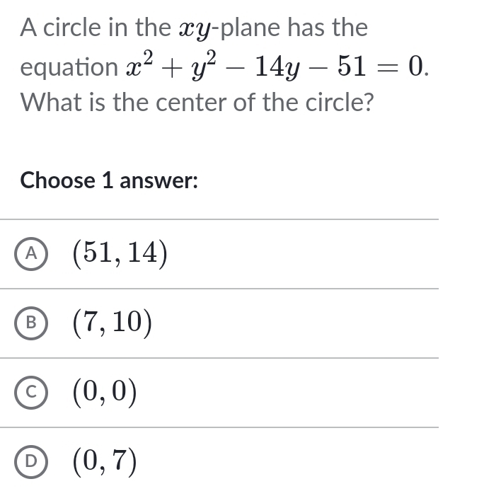 A circle in the xy -plane has the
equation x^2+y^2-14y-51=0. 
What is the center of the circle?
Choose 1 answer:
A (51,14)
B (7,10)
(0,0)
D (0,7)