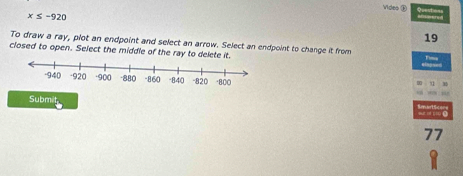 Video ⑥ Questions
x≤ -920
abswered 
19 
To draw a ray, plot an endpoint and select an arrow. Select an endpoint to change it from Timsa 
closed to open. Select the middle of the ray to delete it. 
eiapxed 
12 35
Submit SmartScore 
Ga od 180 0
77