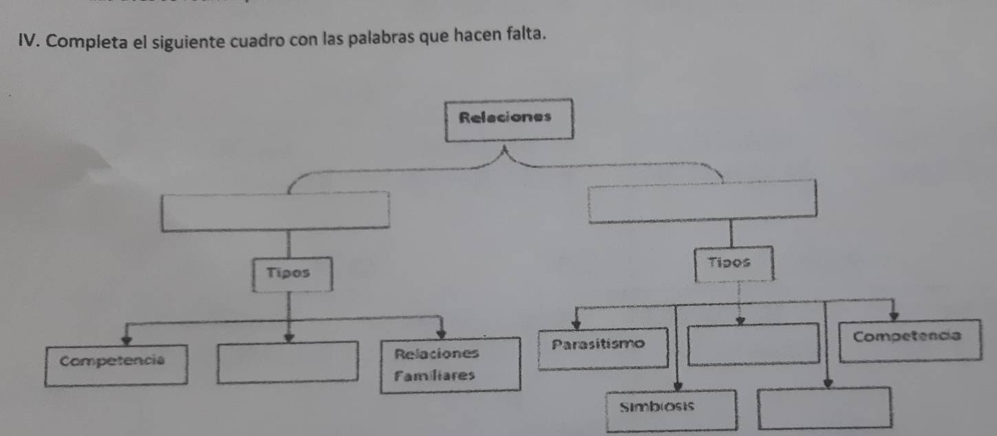 Completa el siguiente cuadro con las palabras que hacen falta. 
Releciones 
Tipos 
Tipos 
Competencia Relaciones Parasitismo 
Competencia 
Familiares 
Simblosis