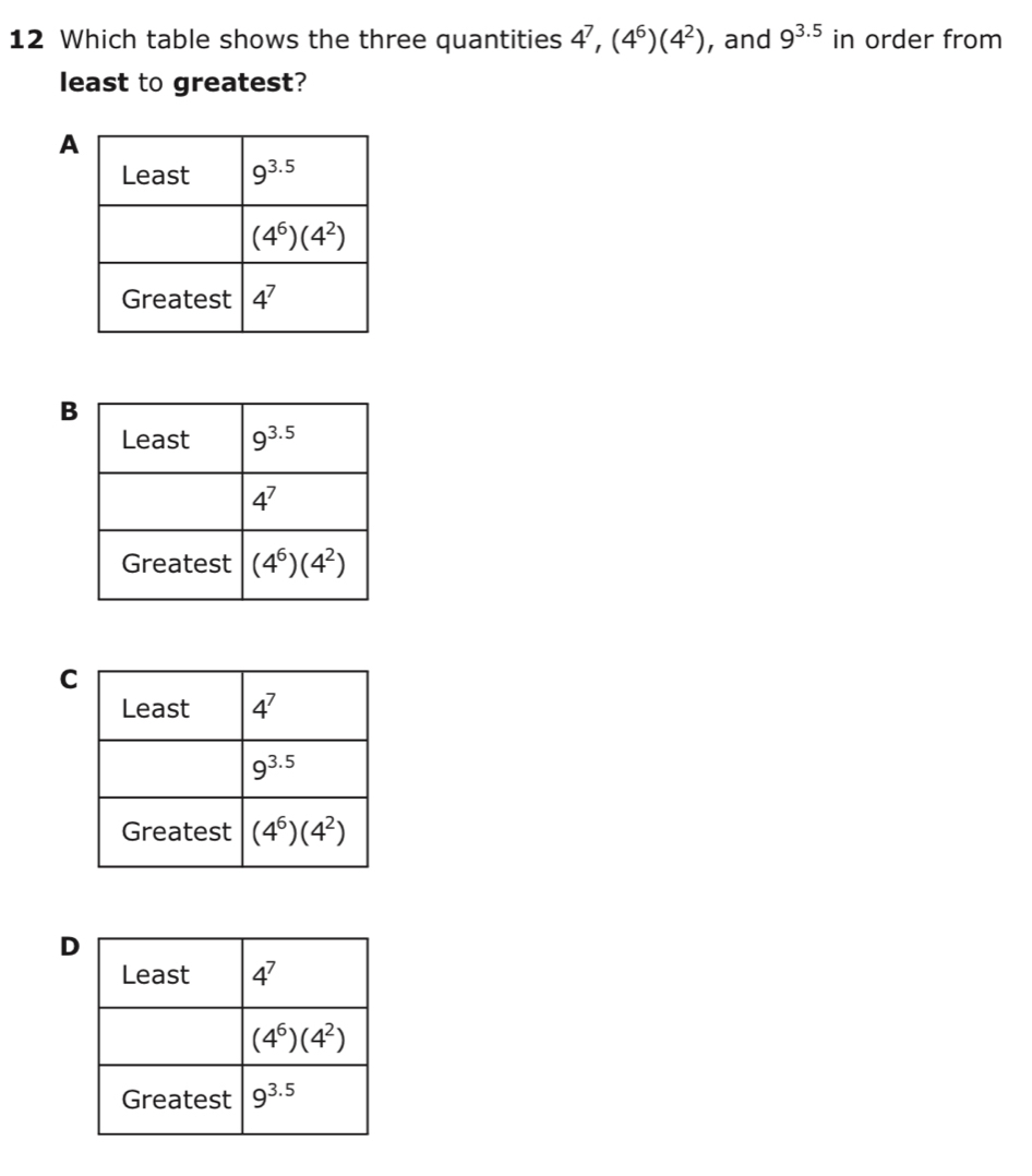 Which table shows the three quantities 4^7,(4^6)(4^2) , and 9^(3.5) in order from
least to greatest?
A
B
C
D