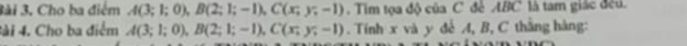 3ài 3. Cho ba điểm A(3;1;0), B(2;1;-1), C(x;y;-1). Tim tọa độ của C đẻ ABC là tam giác đều.
Bài 4. Cho ba điểm A(3;1;0), B(2;1;-1), C(x;y;-1). Tính x và y đễ A, B, C thắng hàng: